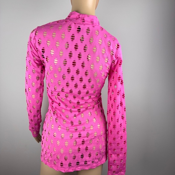 POSH by V Perforated High-Neck Pink Long Sleeve‎ Stretch-jersey Top - Picture 6 of 13